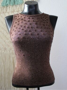 CAché SMALL beaded all over embellished Sleeveless Metallic Brown Knit Top